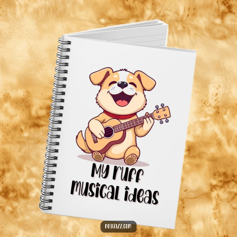 Funny dog notebook with a dog playing a ukulele, ideal for jotting notes, ideas, or doodles with a musical theme.