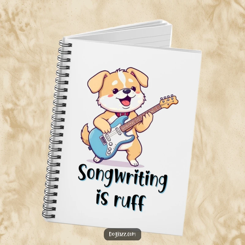 Funny kawaii dog notebook with a gleeful pup shredding an electric guitar, ideal for jotting down musical ideas humorously.