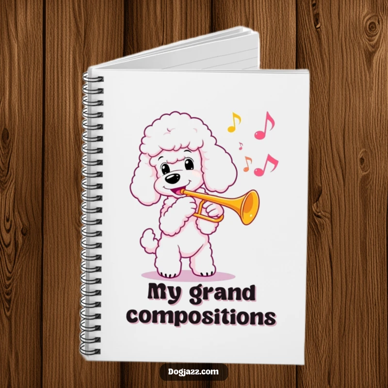 Funny poodle playing a trumpet on a notebook cover, inspiring elegance, a superb funny gift.