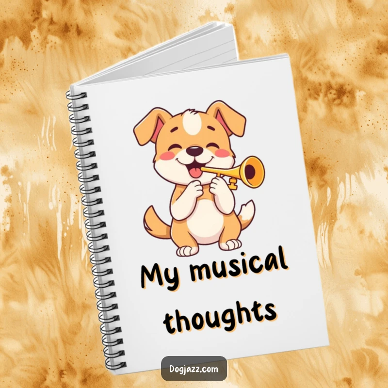 Funny notebook with a happy dog playing a trumpet and wagging its tail, perfect for note-taking with a musical twist.