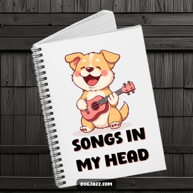Funny dog notebook with a dog playing a small ukulele, inspiring creativity and musical notes.