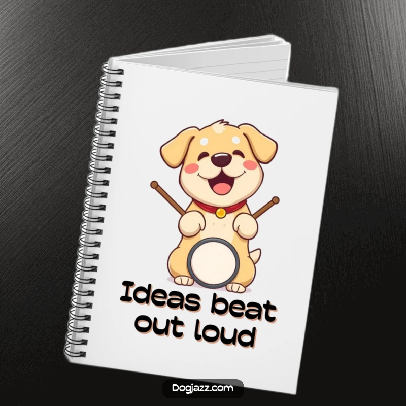 Funny dog notebook featuring a dog with drumsticks, inspiring creativity and musical notation.