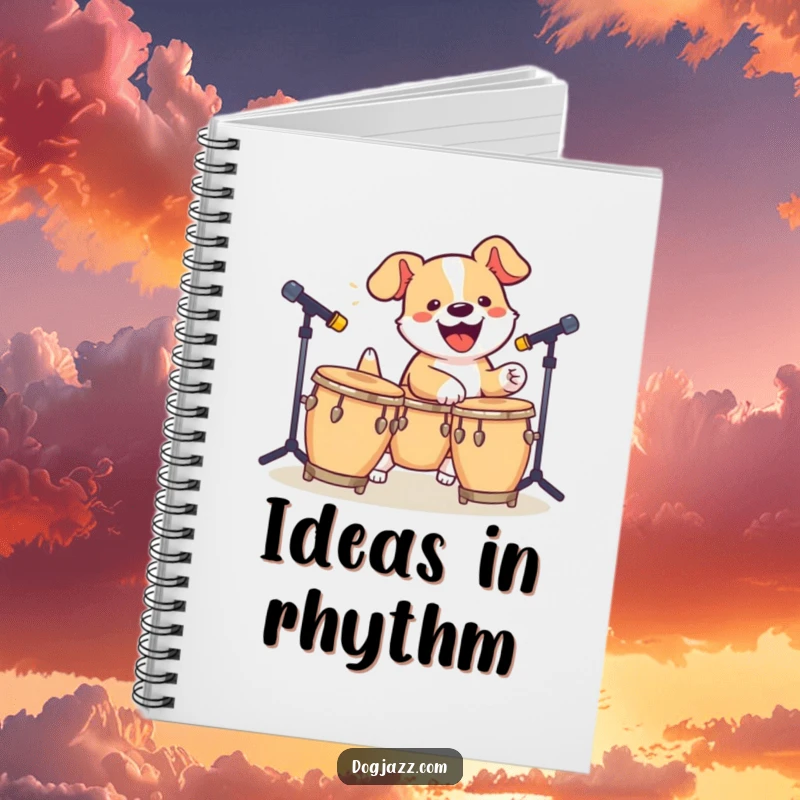 Funny Dog Bongo Notebook: A playful dog energetically playing bongos, ideal for jotting down ideas or drumming rhythms.