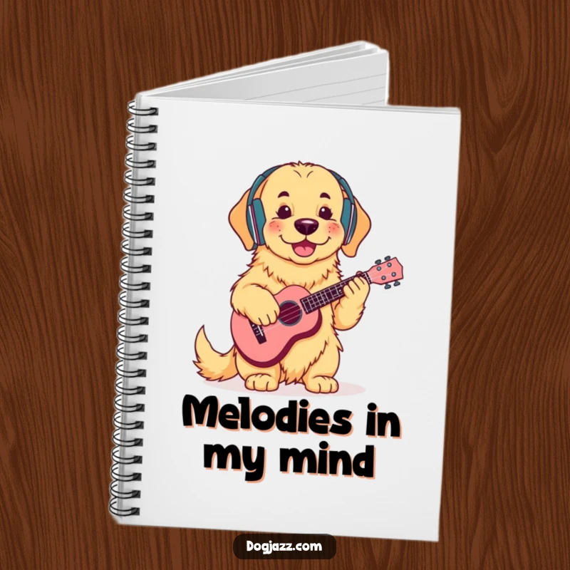 Funny Golden Retriever Ukulele Notebook: Cool golden retriever with headphones, strumming a ukulele, perfect for writing musical notes.