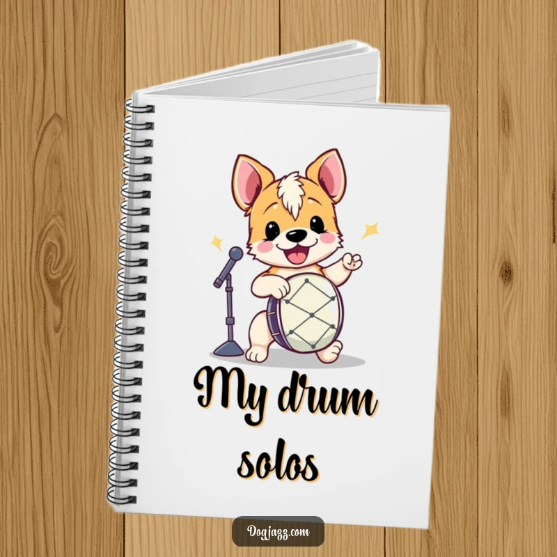 Funny Terrier Drummer Notebook featuring an energetic terrier playing drums, ideal for capturing musical ideas and lyrics.