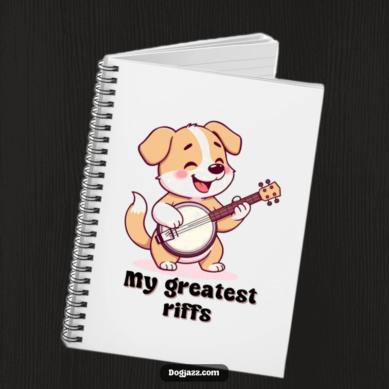 Funny notebook with a happy cartoon dog playing the banjo, tail wagging, ready for notes.