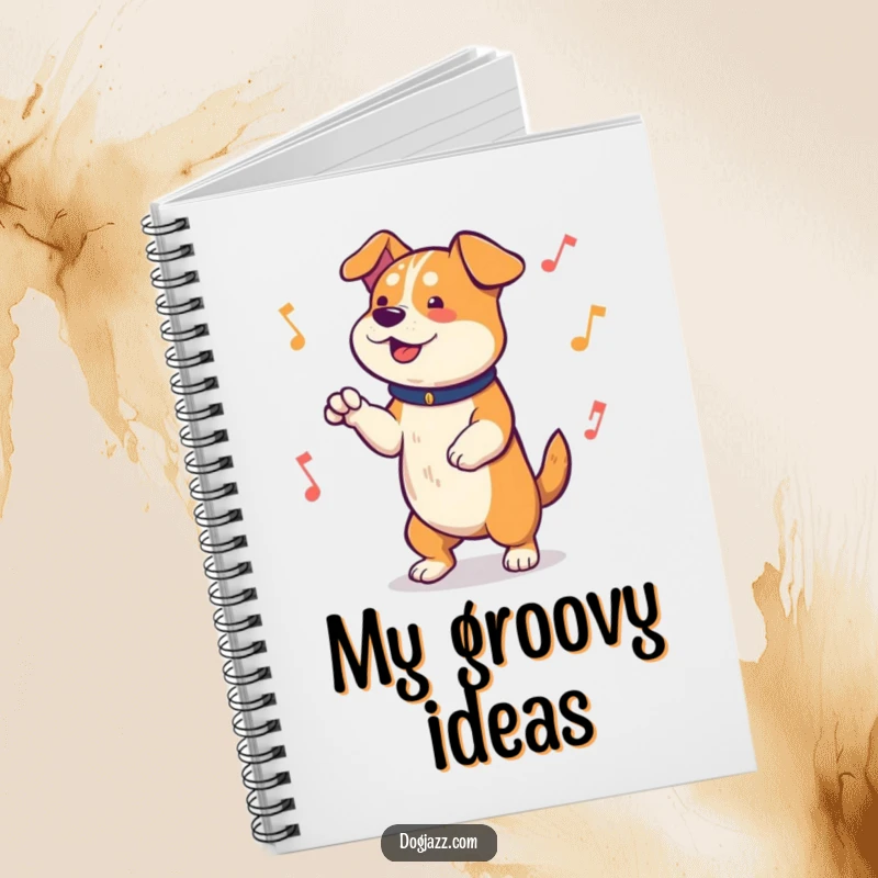 Funny Notebook cover displaying a dog energetically tapping its paws to a lively musical rhythm, ideal for note-taking and creative expression.
