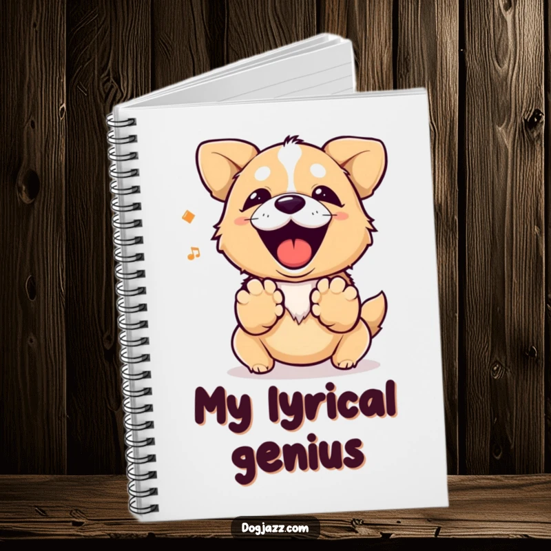 Funny dog barking a rhythm with its paws, a humorous notebook for ideas.