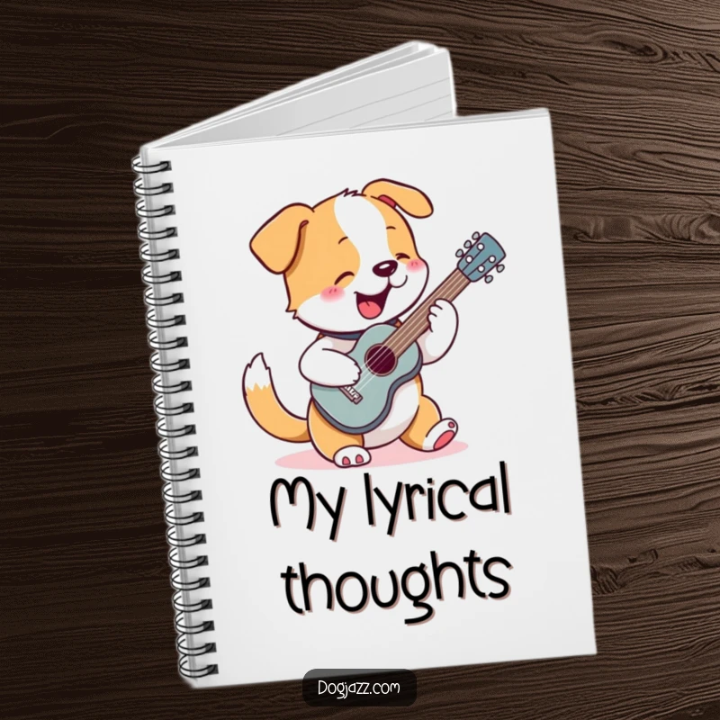 Funny notebook with a dog enthusiastically strumming a tiny guitar, perfect for journaling or sketching ideas.