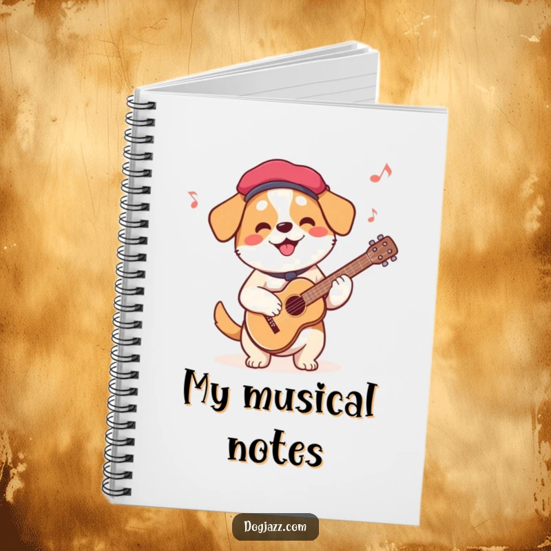 Funny French Dog Guitar Notebook featuring a beret-wearing dog playing guitar, ideal for capturing melodies and lyrical inspiration.