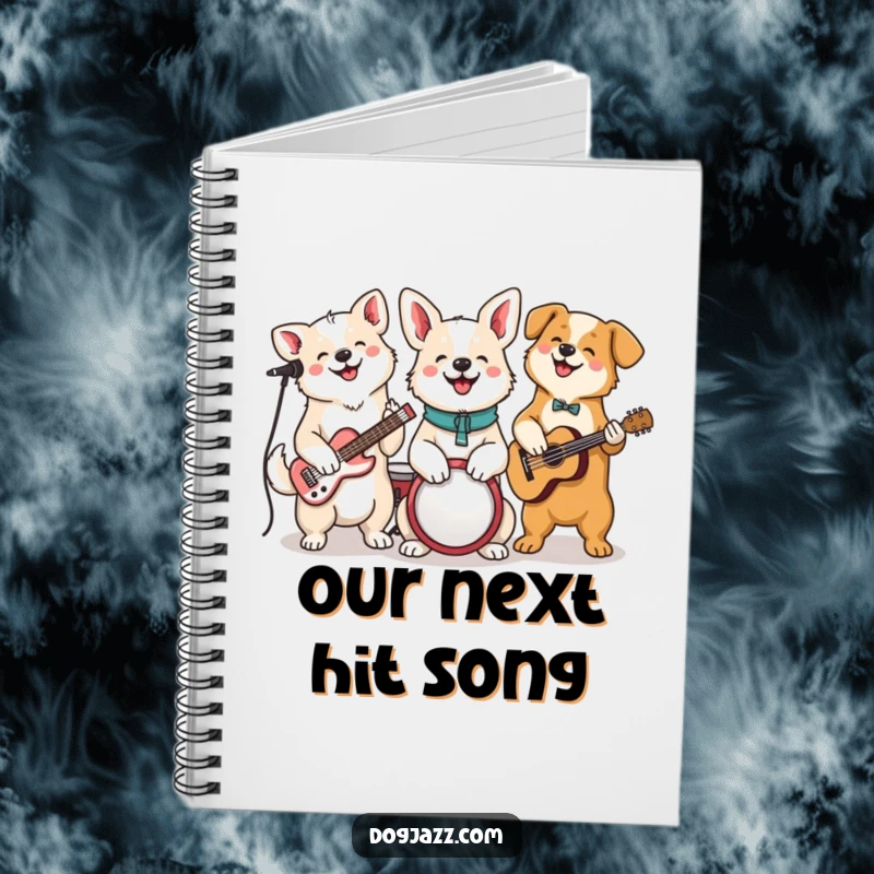 Funny Dog Jam Session Notebook, a cheerful dog band plays instruments, perfect for capturing musical ideas.