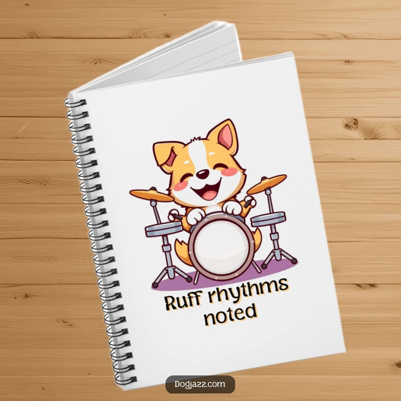 Funny dog notebook with a happy dog joyfully pounding on a drum kit, ideal for jotting down musical ideas humorously.