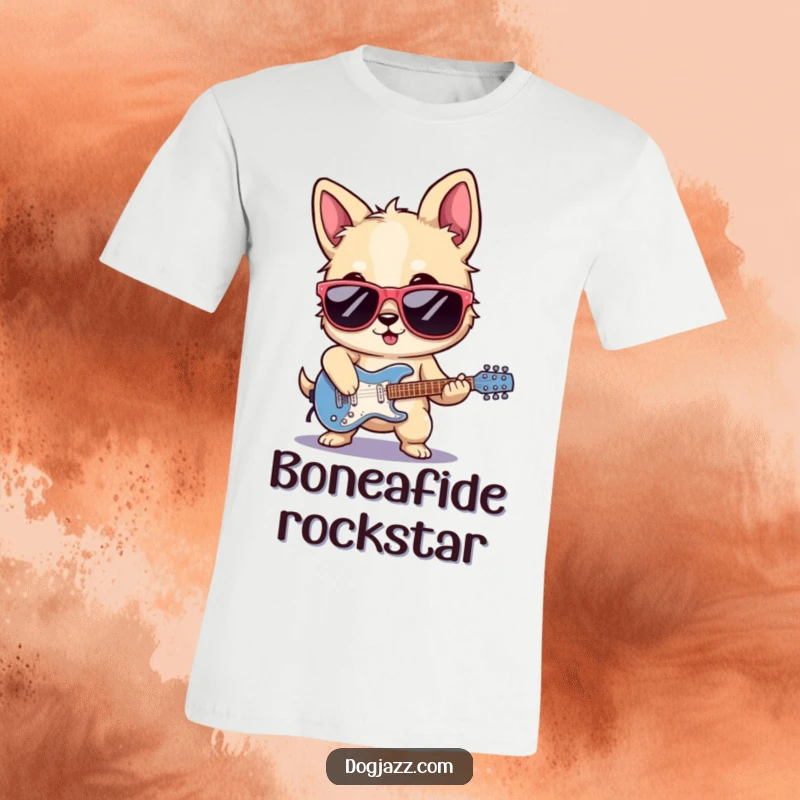 Funny rocker dog t-shirt, sunglasses on, playing electric guitar with passion and rockstar swagger, totally cool.