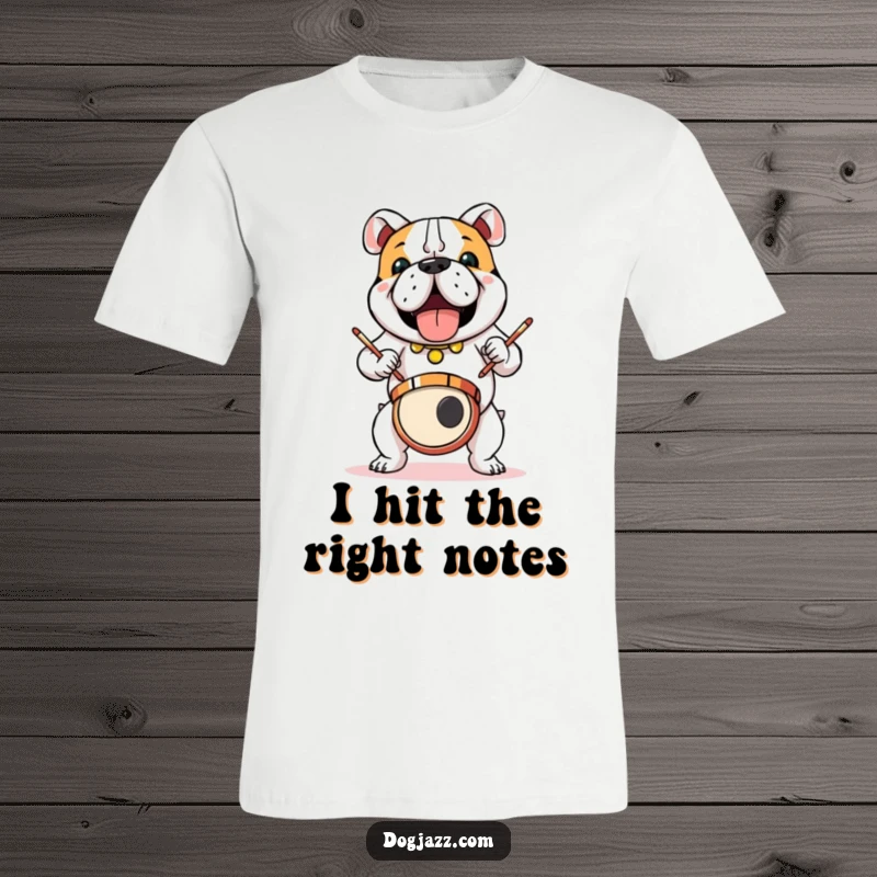 Funny bulldog drummer mid-solo, sticks blurred with motion, on a t-shirt, a fantastic funny gift.