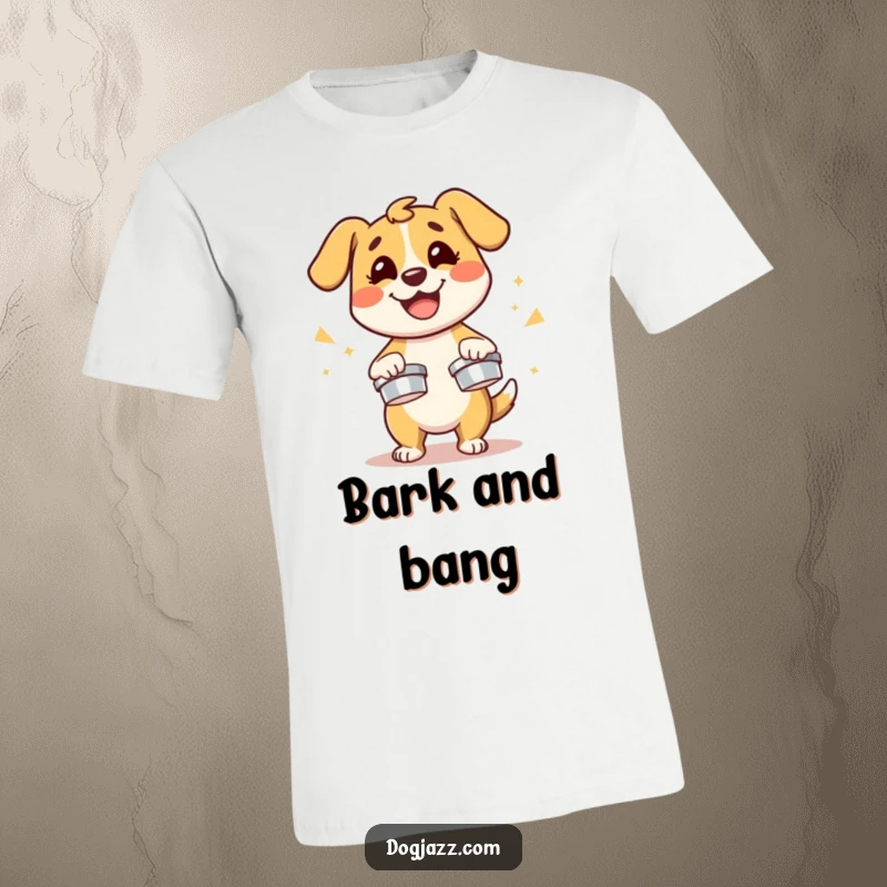 Funny dog character energetically playing cymbals with a smile, a humorous and lively t-shirt.