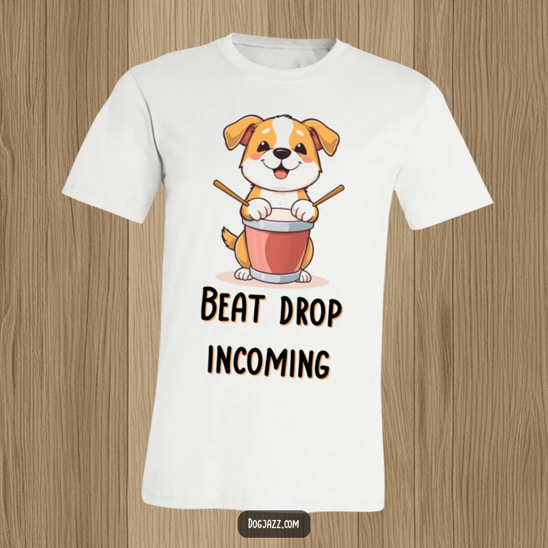 Funny Dog T-Shirt: An excited dog enthusiastically taps its paws on a drum set, a true canine rockstar.