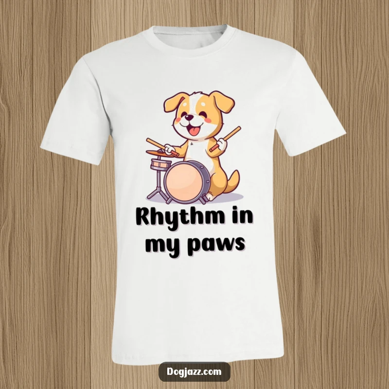Funny dog energetically playing drums with sticks in paws, a high-energy performer on a stylish t-shirt.