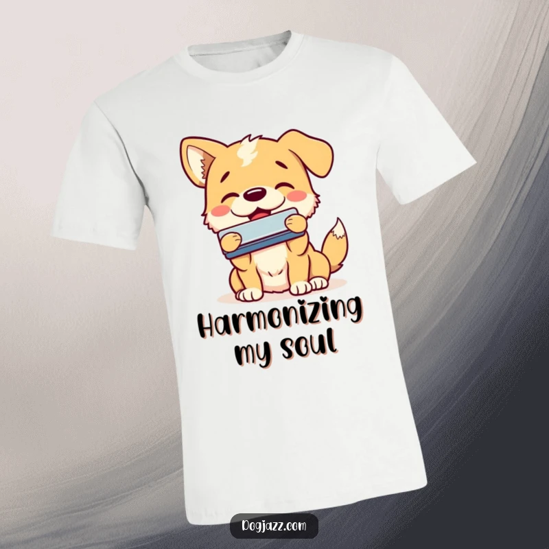 Funny dog t-shirt with a happy dog enthusiastically playing the harmonica with a smile, perfect for blues and music fans.