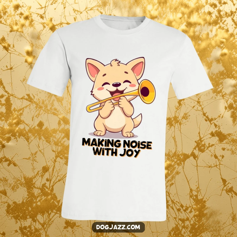 Funny Dog Trombone Player T-Shirt: A joyful dog character enthusiastically blasting a trombone, celebrating music and canine energy.