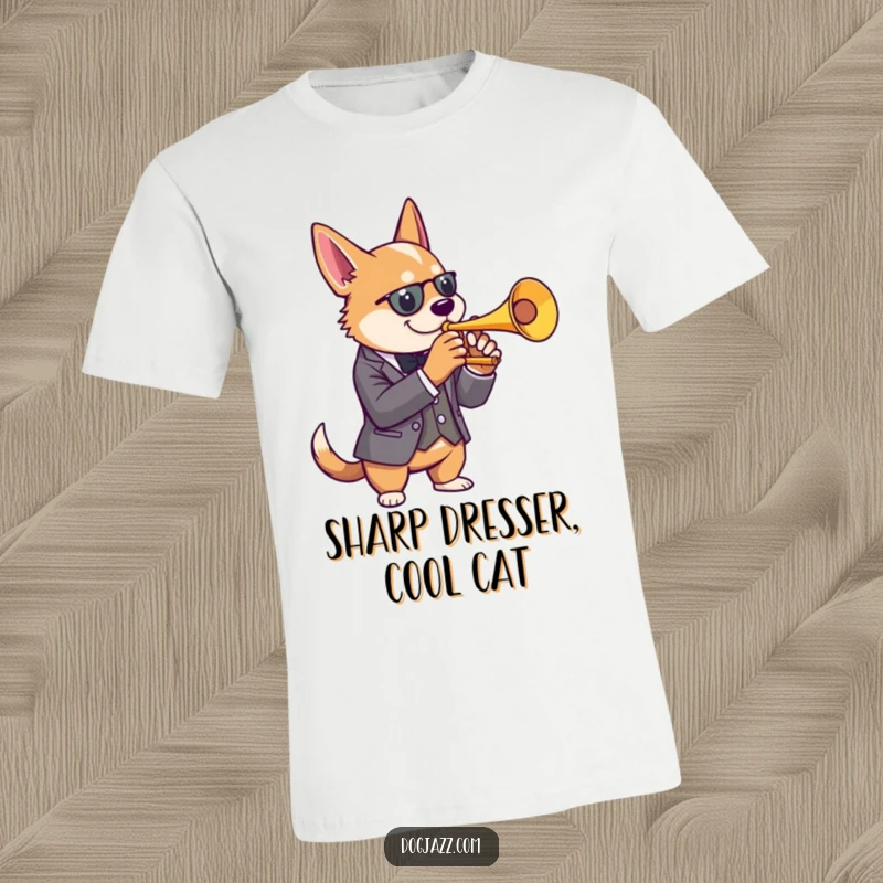 Funny dog t-shirt featuring a dog in a sharp suit playing a jazz trumpet, showcasing cool elegance and musical flair.