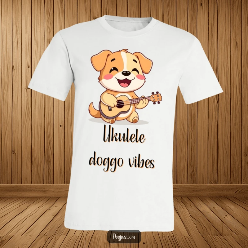 Funny dog happily strumming a tiny ukulele with enthusiasm, a cheerful musician captured on a t-shirt.