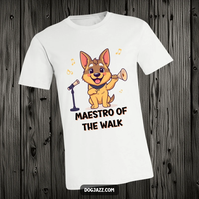 Funny German Shepherd T-Shirt: A smiling German Shepherd happily conducting a band, inspiring harmony and joy.