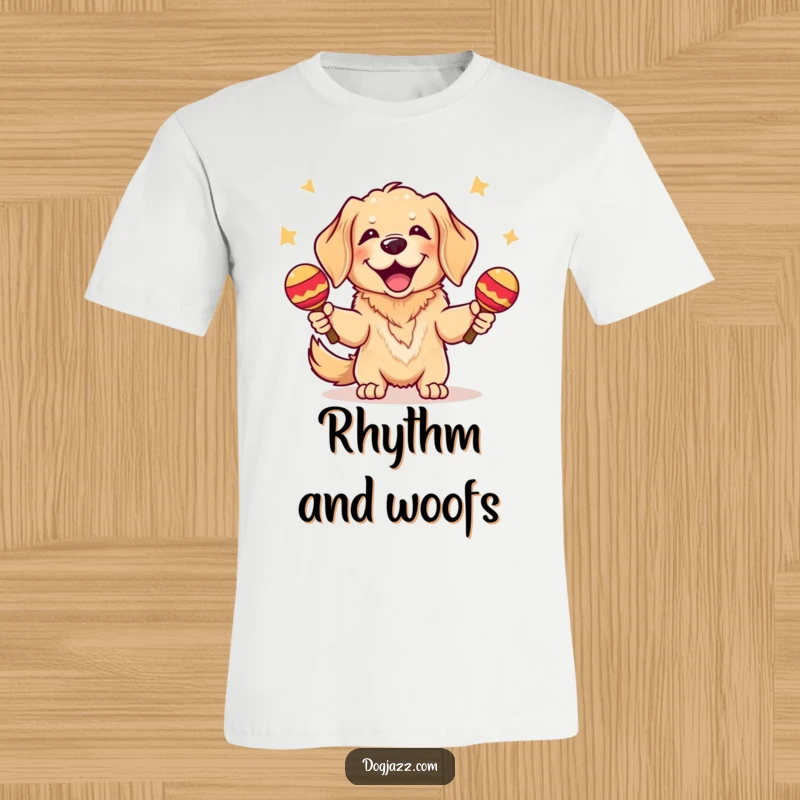 Funny Golden Retriever T-Shirt: A cheerful golden retriever shaking colorful maracas with ecstatic energy and a playful spirit.