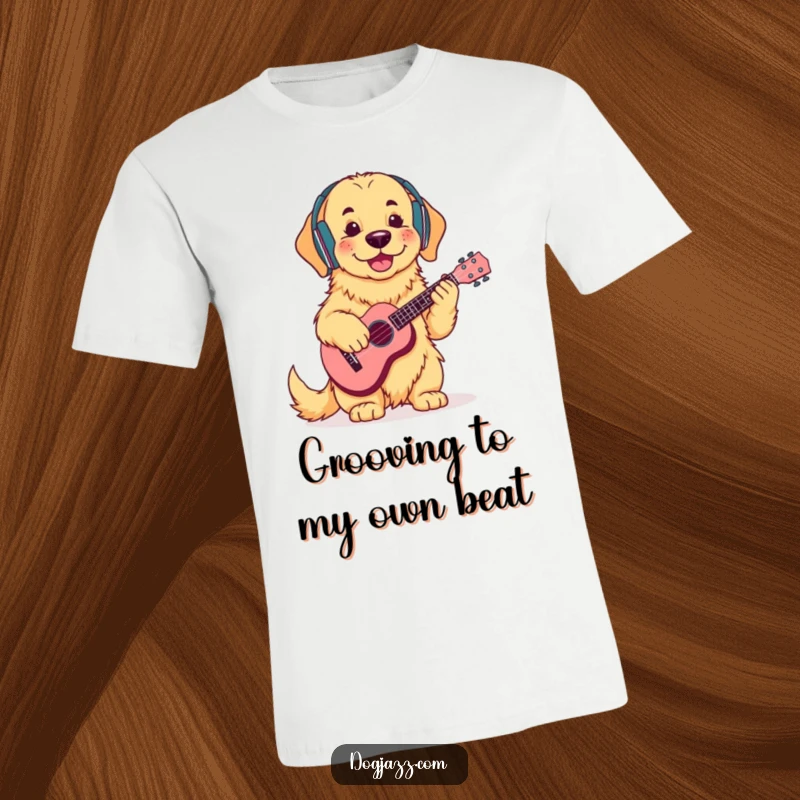Funny Golden Retriever Ukulele T-Shirt: A cool golden retriever wearing headphones, strumming a ukulele with a relaxed, happy expression.