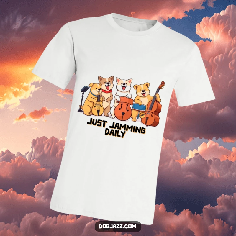 Funny dogs playing various jazz instruments in a band, cool music humor t-shirt.