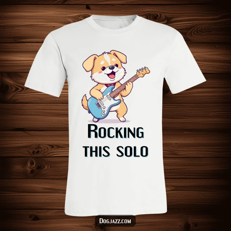 Funny kawaii dog t-shirt with a gleeful pup energetically shredding on an electric guitar, a must-have for music fans.