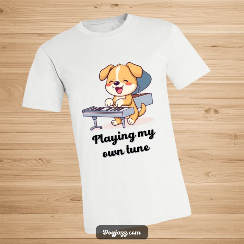 Funny dog playing a piano with its paws, energetic music humor t-shirt.