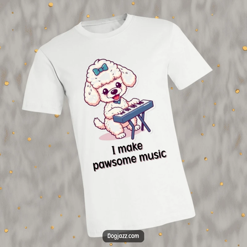 Funny t-shirt: an energetic poodle character joyfully playing a keyboard, embodying a vibrant love for music and performance.