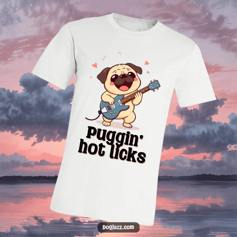 Funny t-shirt depicting an excited pug character energetically playing a jazz guitar, radiating musical joy and passion.