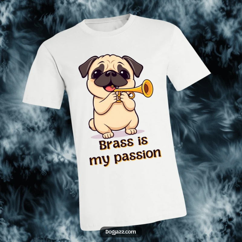 Funny pug playing a cheerful trumpet solo, a vibrant t-shirt design for dog and music lovers. Captures pure, joyful expression.