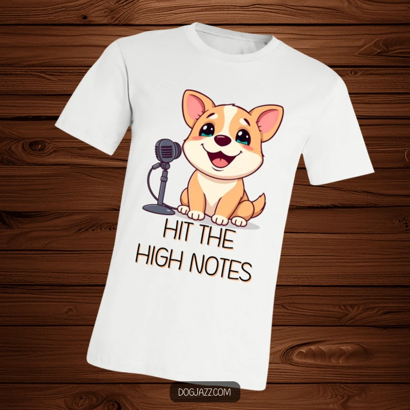 Funny Dog T-Shirt: A dog with a huge, happy grin sings its heart out into a microphone, radiating musical joy.
