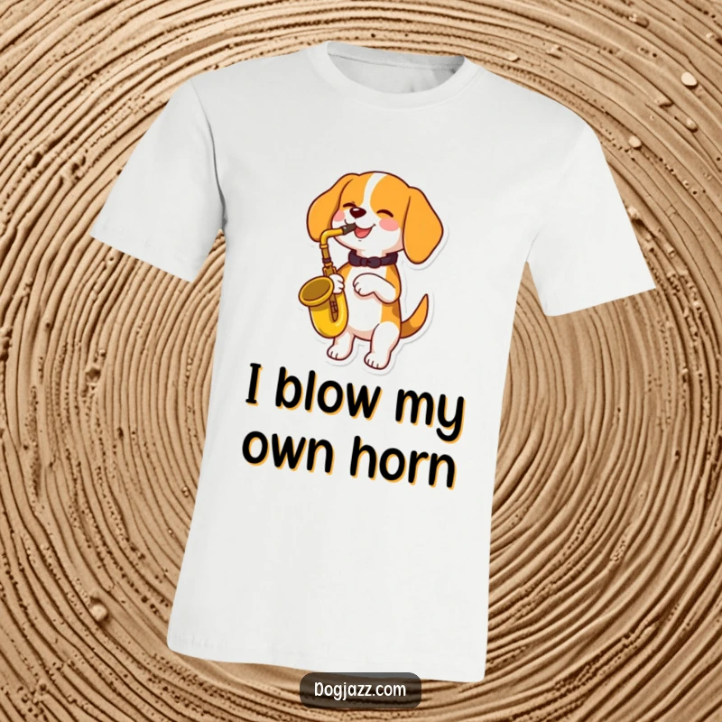 Funny beagle dog playing a saxophone with a joyful expression and musical notes, wearing a cool t-shirt, perfect funny gift.