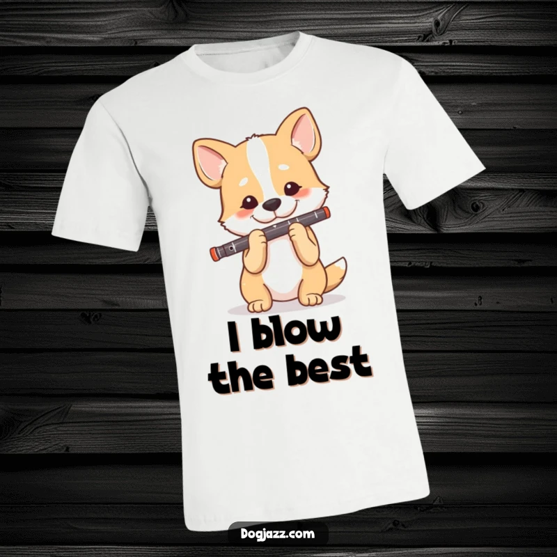Funny Dog Clarinet Player T-Shirt, a happy dog focuses on playing the clarinet with a look of pure musical delight.