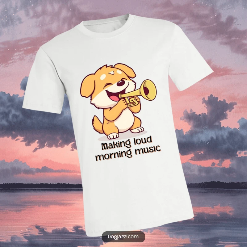 Funny dog t-shirt featuring an energetic dog playing a trumpet with a huge, happy grin, perfect for musicians.