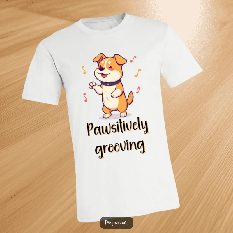 Funny T-Shirt showing an energetic dog enthusiastically tapping its paws to an upbeat, lively musical beat, full of rhythm and fun.