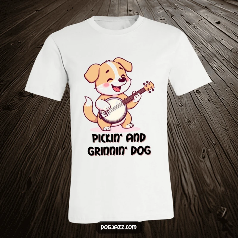 Funny t-shirt featuring a happy cartoon dog energetically playing the banjo, tail wagging with delight.