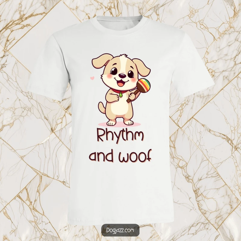 Funny dog character dancing with maracas, a lively t-shirt design that radiates energy and fun. Perfect for music lovers.