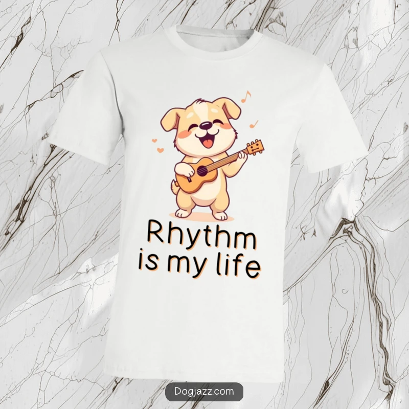 Funny t-shirt displaying a dog character bopping its head rhythmically to a cool jazz beat.