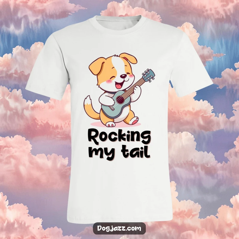 Funny T-Shirt depicting a dog with a wagging tail enthusiastically playing a small guitar, radiating musical joy.