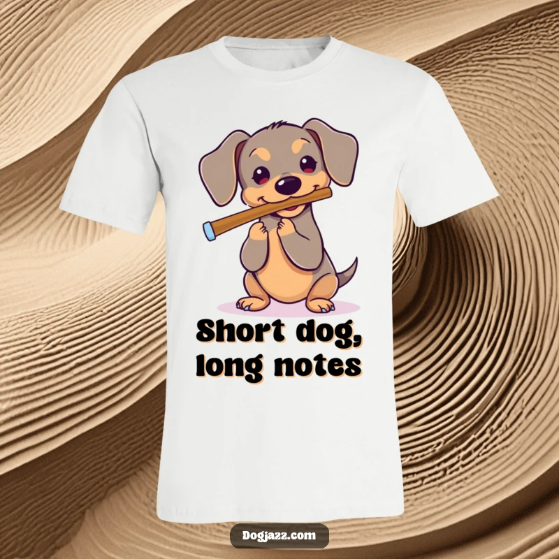 Funny Dachshund T-Shirt: A cheerful dachshund playing a flute with musical notes floating around, showcasing its musical talent.