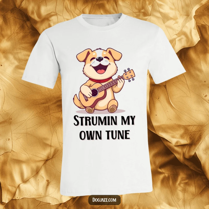 Funny dog t-shirt featuring a happy dog enthusiastically playing a tiny ukulele, perfect for music lovers.