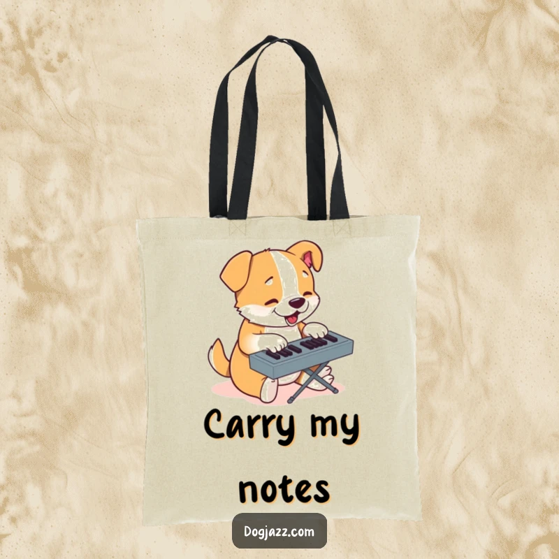 Funny tote bag with a determined cartoon dog typing on a keyboard, showcasing focus and skill.