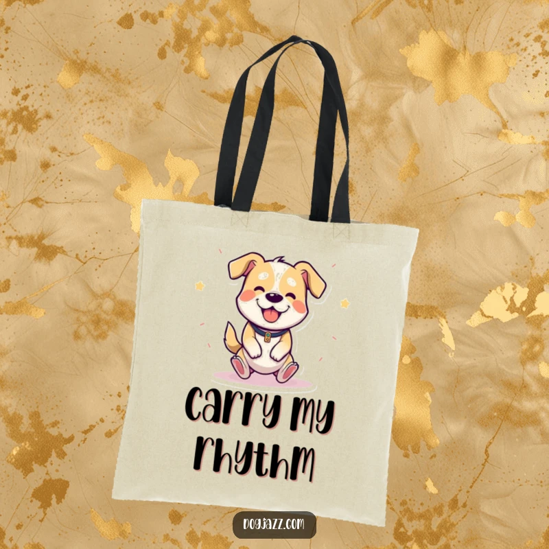 Funny tote bag with a cheerful cartoon dog energetically playing the triangle, bouncing with joy.