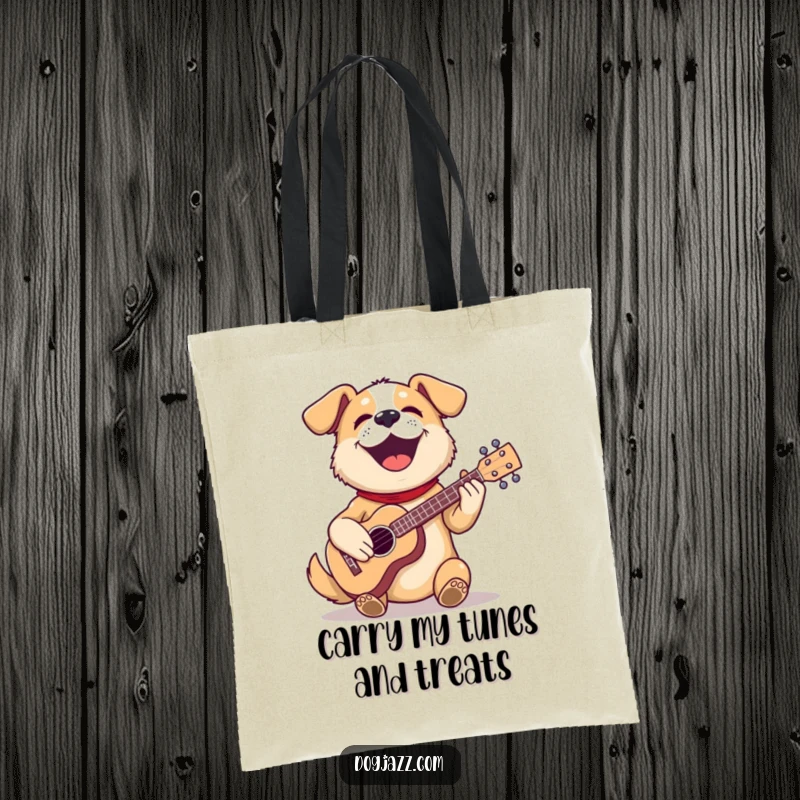 Funny dog tote bag showing a happy dog strumming a tiny ukulele, perfect for carrying essentials with humor.