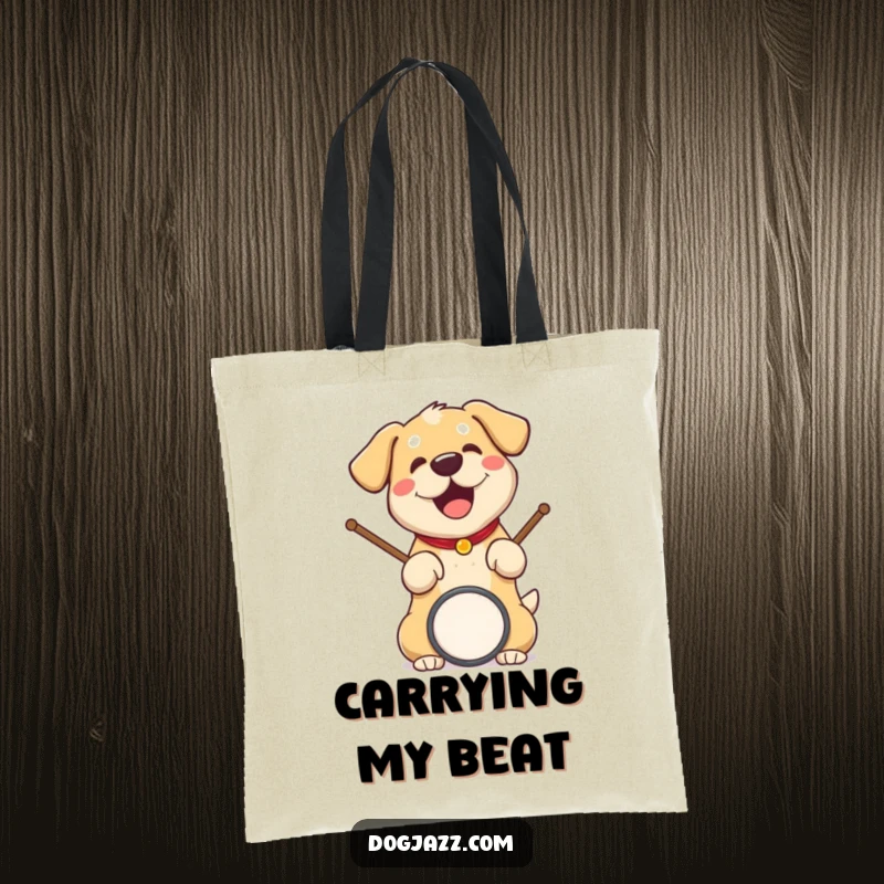 Funny dog tote bag featuring an excited dog with drumsticks, ready to drum up a storm.