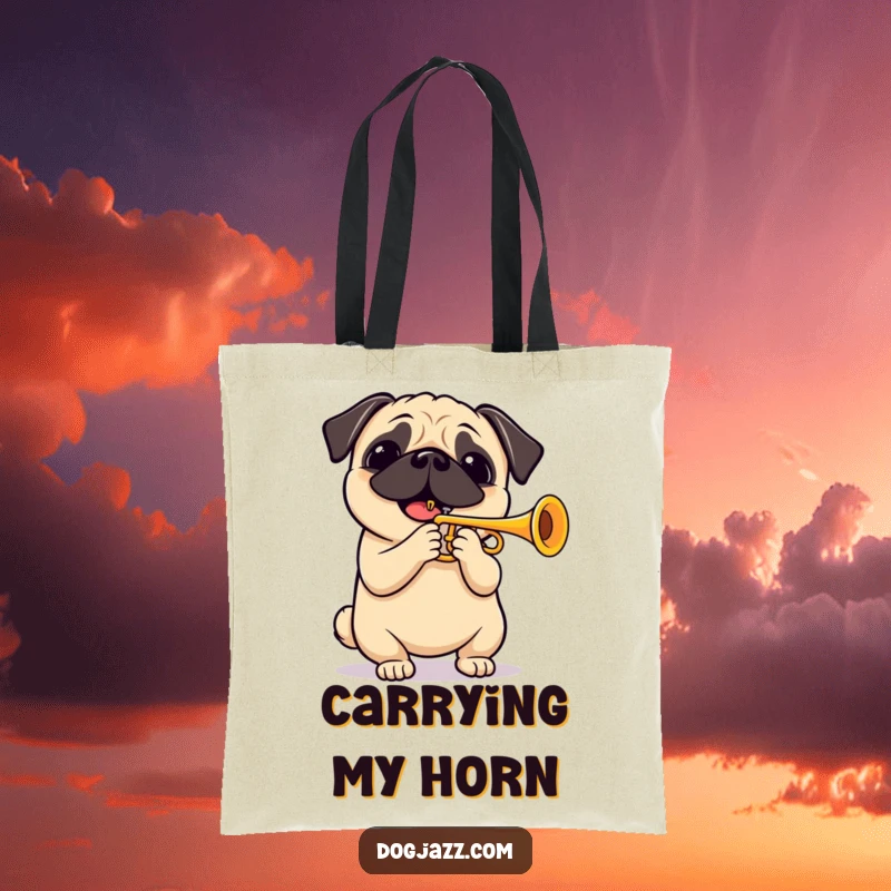 Funny pug playing a cheerful trumpet solo, a stylish tote bag for carrying groceries or books. A vibrant and musical accessory.